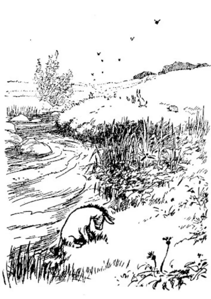 E. H. Shepard illustration of Christopher Robin with Winnie-the-Pooh and Eeyore from Chapter VIII