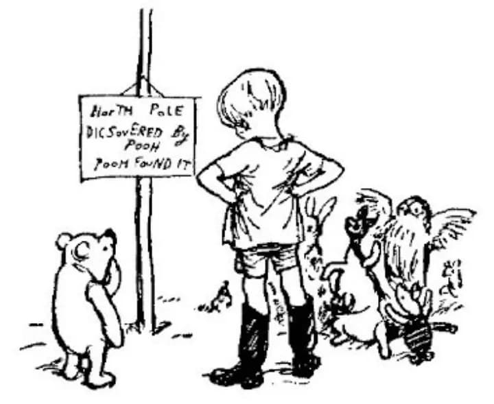 E. H. Shepard illustration of Christopher Robin with Winnie-the-Pooh and Eeyore from Chapter VIII