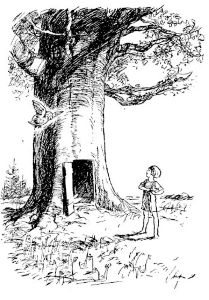 E. H. Shepard illustration of Christopher Robin with Winnie-the-Pooh and Owl from Chapter X