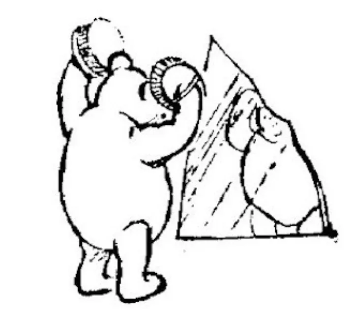 E. H. Shepard illustration of Christopher Robin with Winnie-the-Pooh, Eeyore and Owl from Chapter X