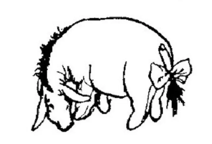 E. H. Shepard illustration of Christopher Robin with Winnie-the-Pooh, Eeyore and Owl from Chapter X