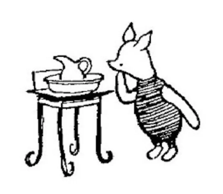 E. H. Shepard illustration of Christopher Robin with Winnie-the-Pooh, Piglet, Eeyore and Owl from Chapter X